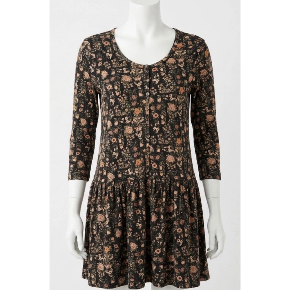 Peruvian Connection Pima Cotton Floral Baby Doll Dress‎ Size Small Soft Black